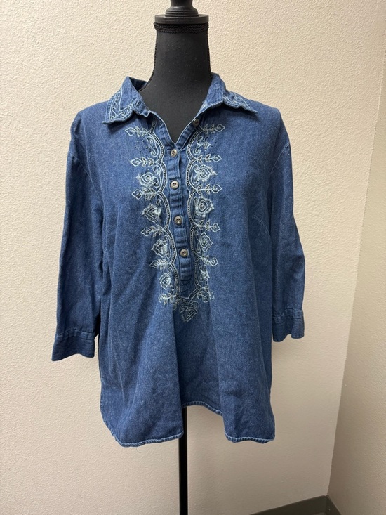 New Direction Denim Embroidered Tunic 1X Boho Western Button Shirt Top - Picture 2 of 10